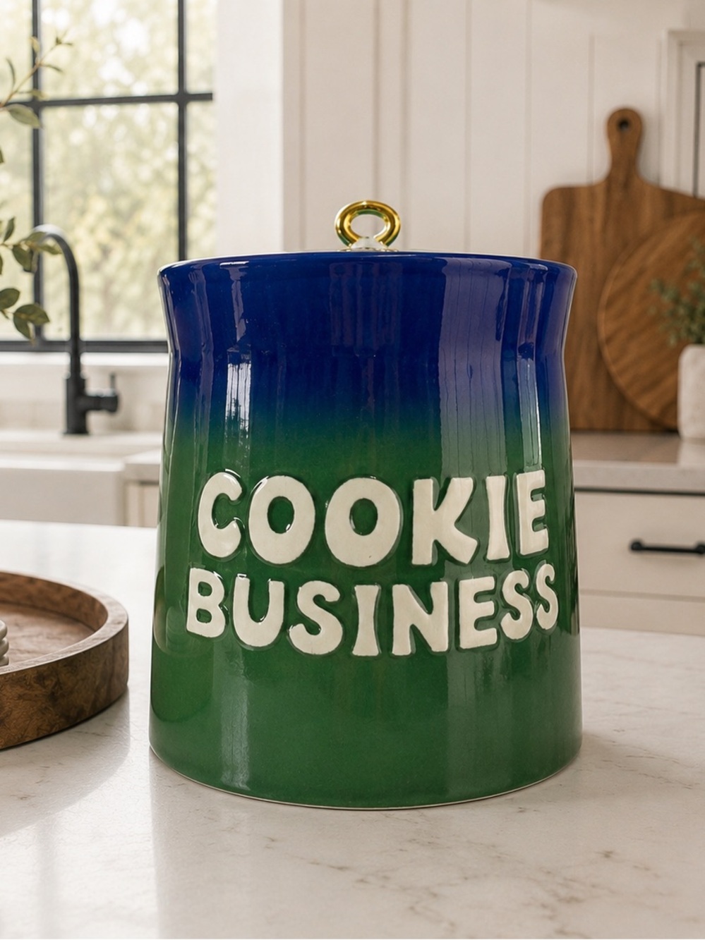 TABITHA BROWN GLAZED STONEWARE COOKIE JAR - "COOKIE BUSINESS"